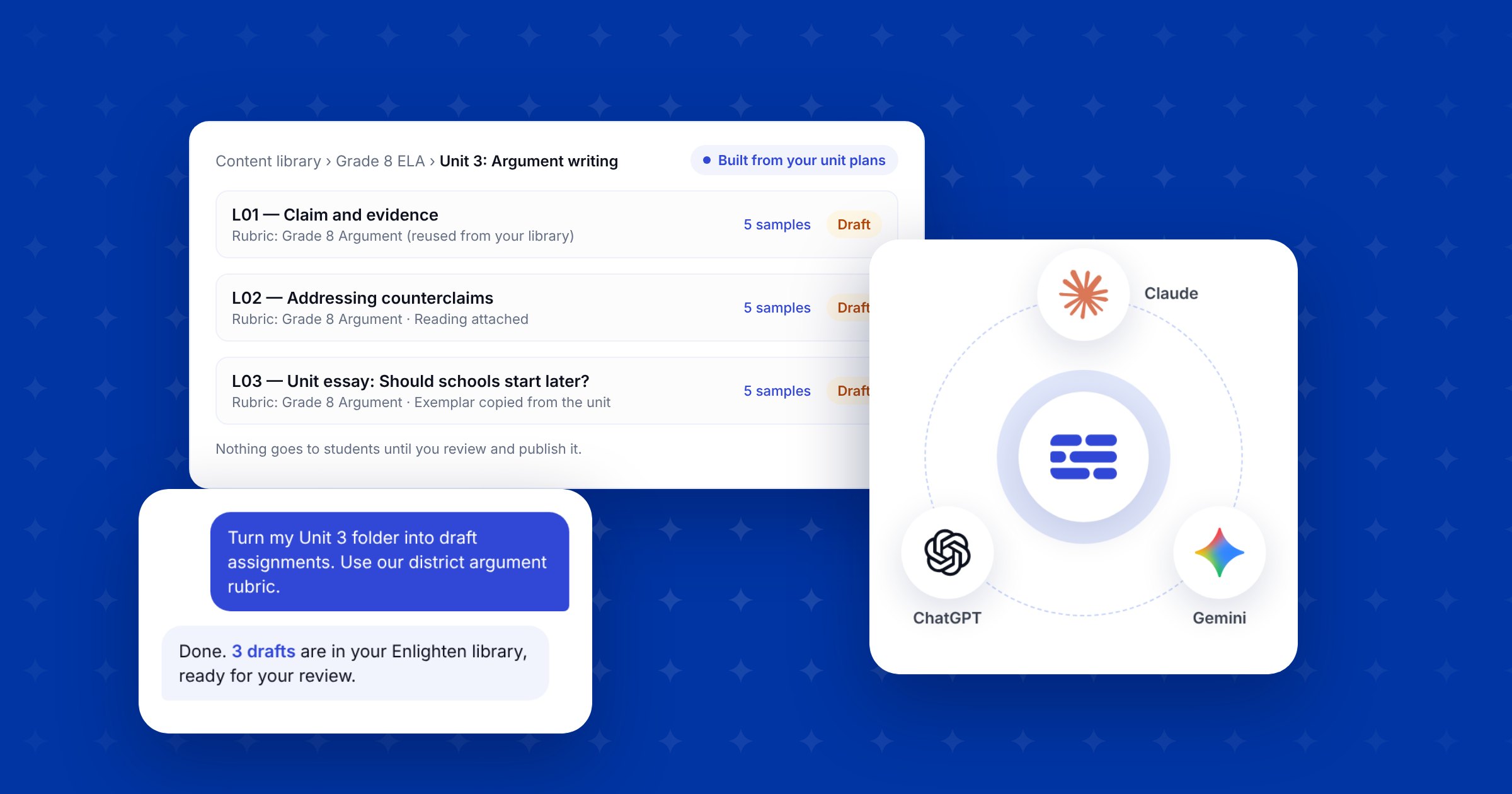 Draft assignments in an Enlighten library, built through a connection to an AI assistant