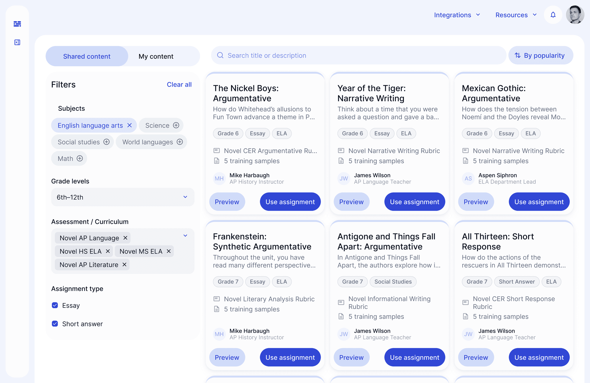 EnlightenAI content library filtered to Novel writing assignments