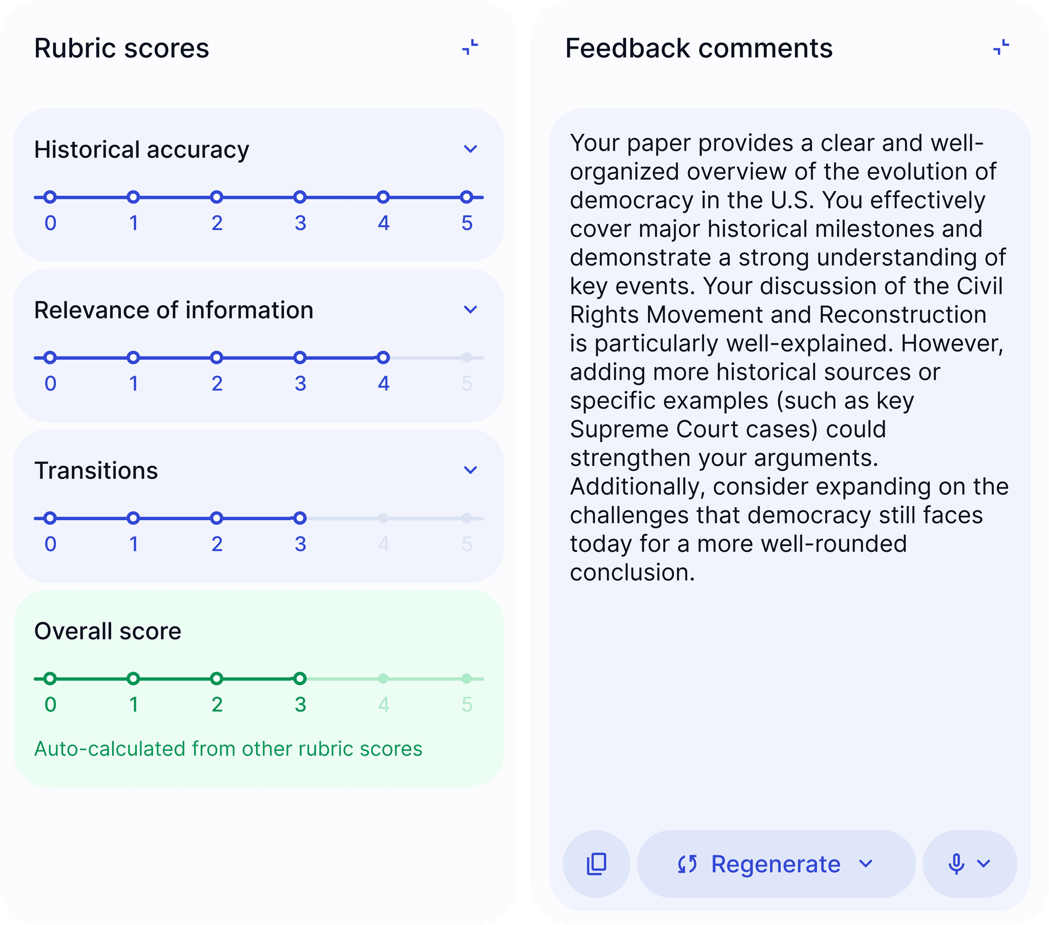 EnlightenAI's rubric scores and feedback comments for a student essay