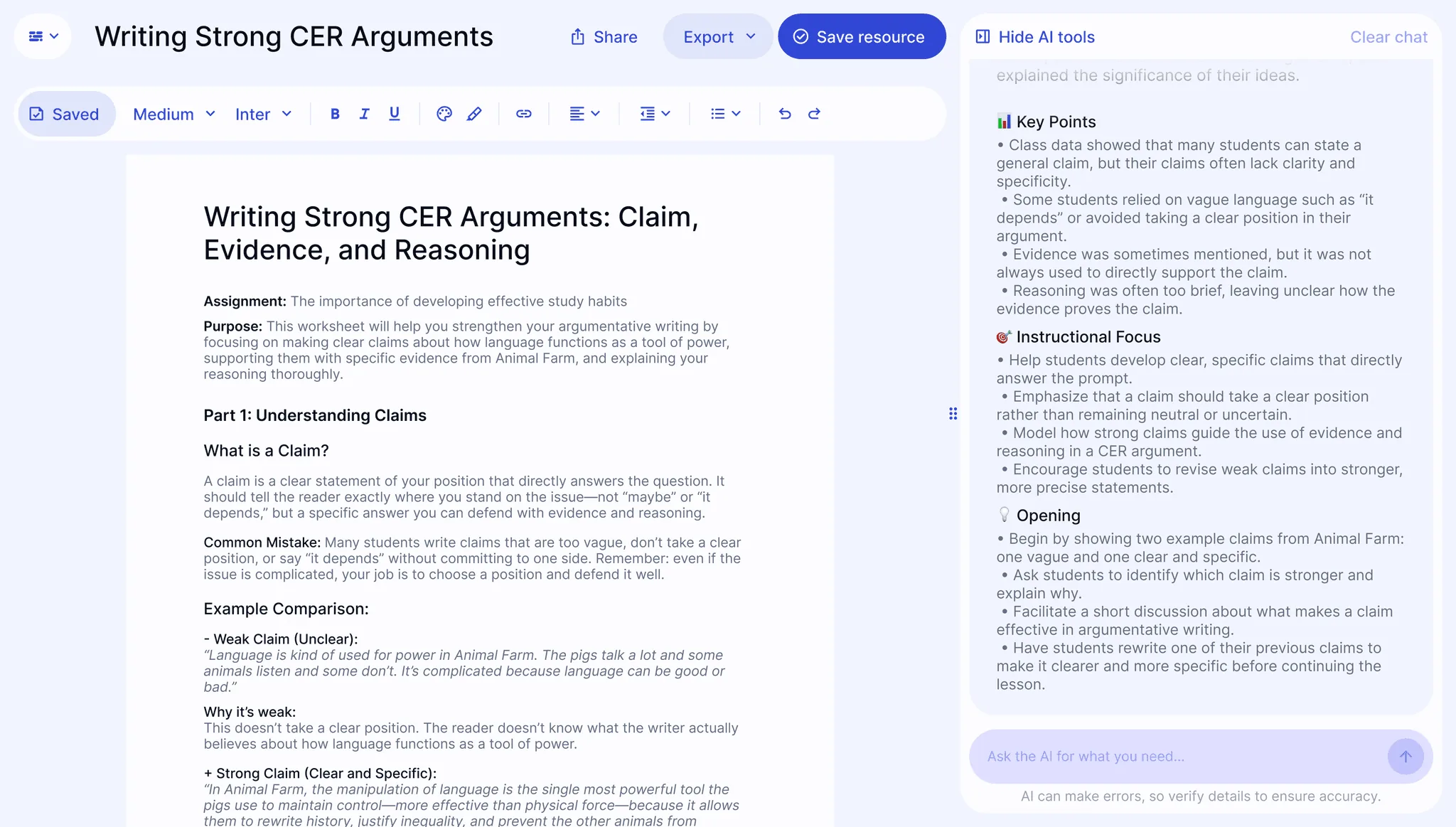 A generated reteaching lesson on writing strong CER arguments